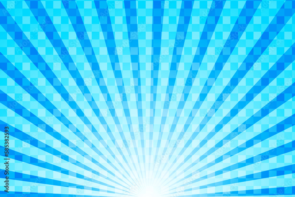 Blue background with square dots and light blue rays from below.