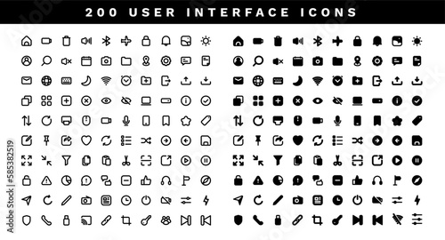200 User Interface icon with line and solid style. UI video and music player. Vector Illustration