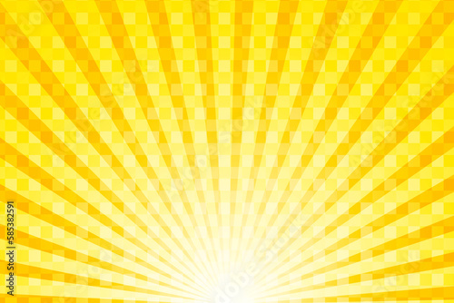 Sunrise image orange and yellow background with square dots and rays from below.