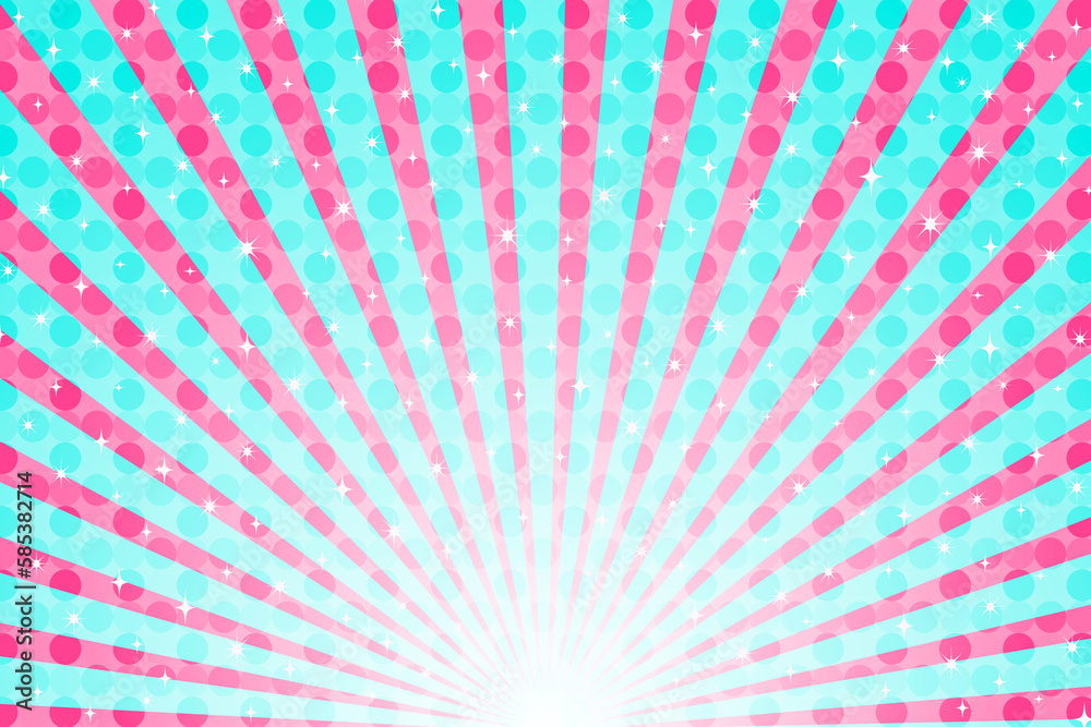 Light blue and red concentration lines background with polka dots and shiny particles.