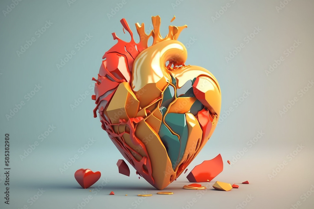 Pęknięte ceramiczne serce alegoria - Cracked ceramic heart allegory - Generative AI - obrazy, fototapety, plakaty 