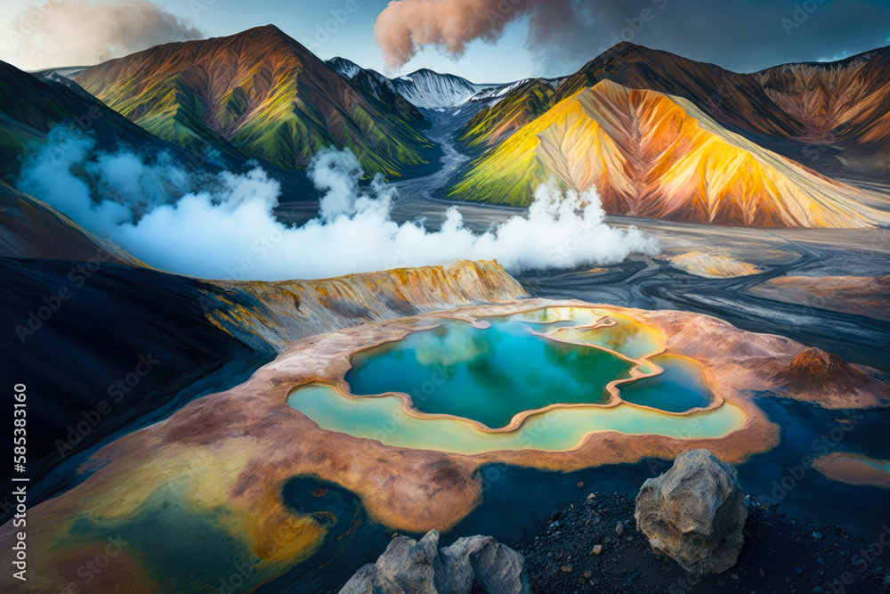 Obraz premium The otherworldly landscape and geothermal pools of Landmannalaugar, Iceland, with steam rising from the earth and colorful mountains - Generative AI