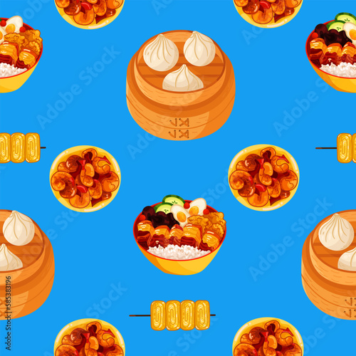 Chinese food seamless pattern. Hand drawn different types of asian food in wooden steamers repeating background. Tasty chinese food, delicious har gao, sticky rice, rolls.
