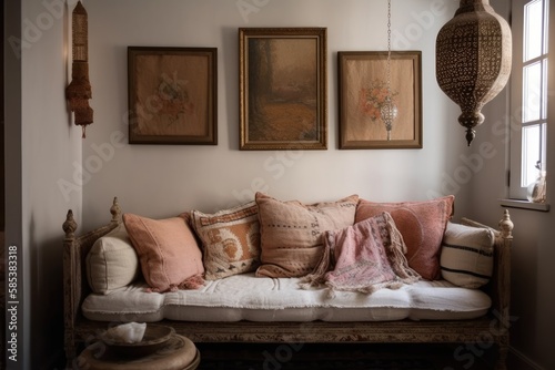 A seaside bohemian house with Moroccan artwork, pillows, and a cream and white linen couch. Generative AI
