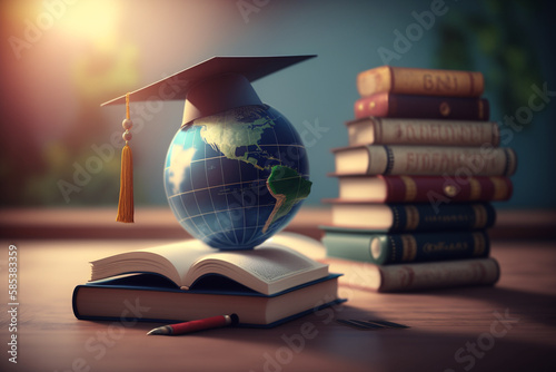 Graduation cap with Earth globe. Concept of global business study, abroad educational, Back to School. Education in Global world, Study abroad business in universities in worldwide.