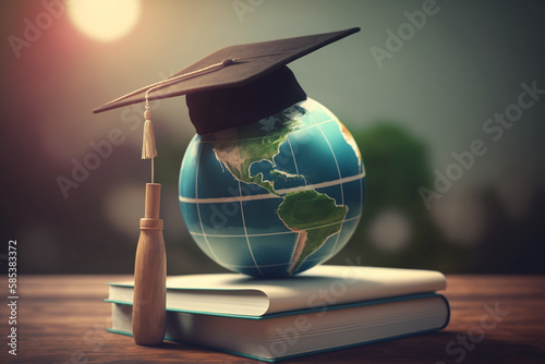 Graduation cap with Earth globe. Concept of global business study, abroad educational, Back to School. Education in Global world, Study abroad business in universities in worldwide.