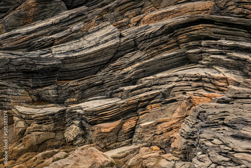 Full frame shot of the bizarre layered rocks near Tramore beach, Kiltoorish, County Donegal, Ireland