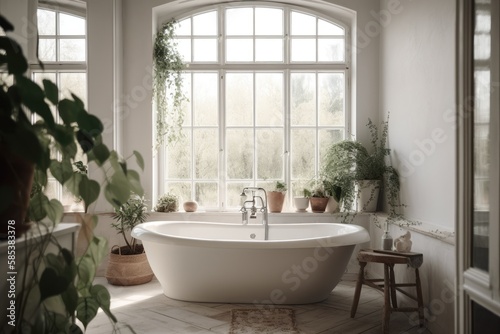 white boho bath with wide windows. Generative AI