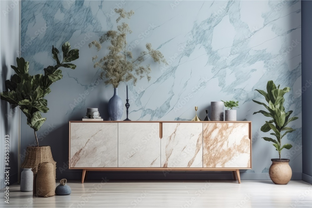White and blue Japanese living room. Wooden dresser with wall mockup. Marble floor, wallpaper. Modern decor,. Generative AI