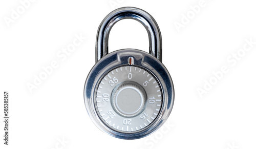 closed chrome steel number combination padlock, isolated transparent background, png