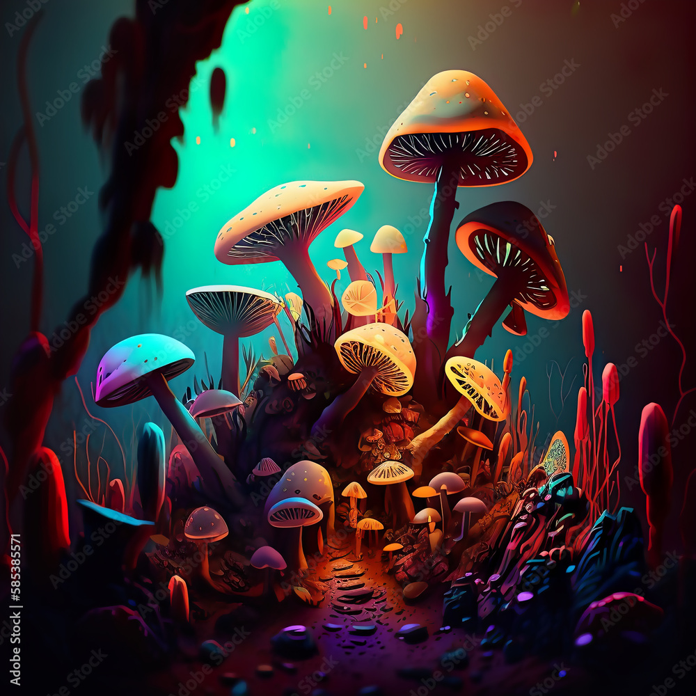 Magic glowing mushrooms. Fantasy art created with Generative AI technology.