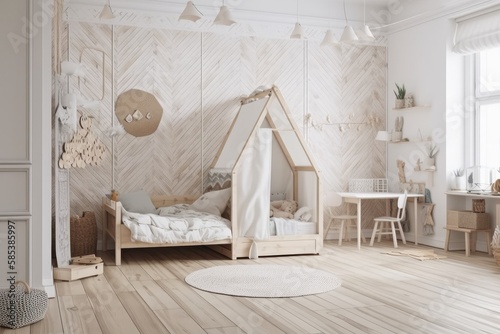 White farmhouse kids bedroom draft. Wall mocked single bed. Parquet. Boho decor,. Generative AI © AkuAku