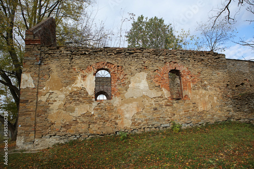 Fototapeta Naklejka Na Ścianę i Meble -  Ruins of orthodox church in Krywe - former and abandoned village in Bieszczady Mountains, Poland