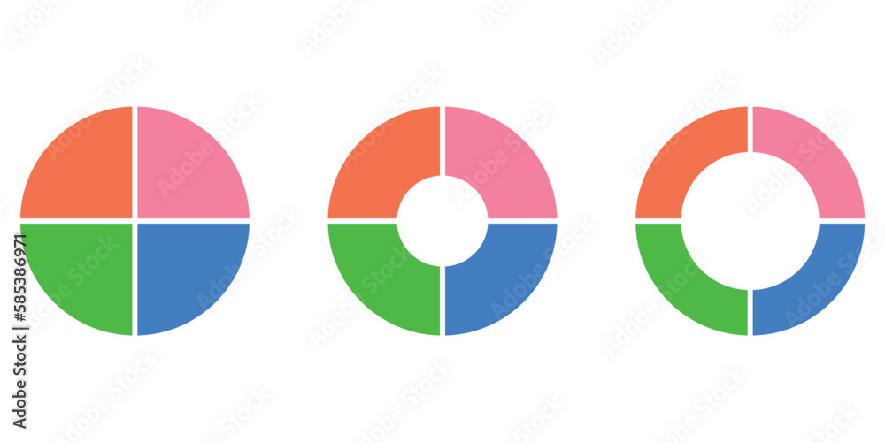 Set of four parts of circle. Pie chart with four same size sectors. Vector illustration isolated on white background. Set of four parts of circle. Pie chart with four same size sectors. Vector illustration isolated on white background.