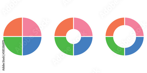 Set of four parts of circle. Pie chart with four same size sectors. Vector illustration isolated on white background.