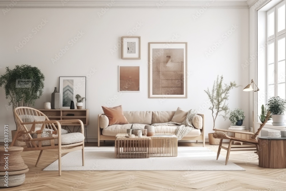 Fototapeta premium Classic living room decor. Pale room. Scandi Boho. Generative AI