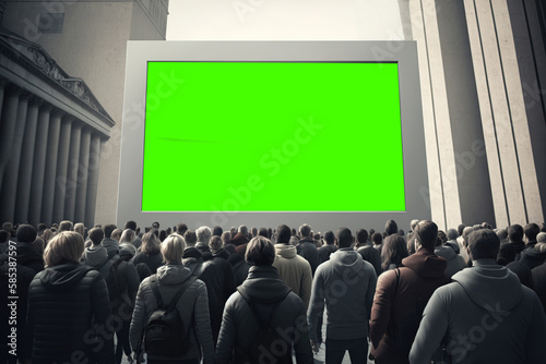 A crowd of people look at a huge empty banner in the city. Banner for advertising, banner layout in the city. Place for text and advertising