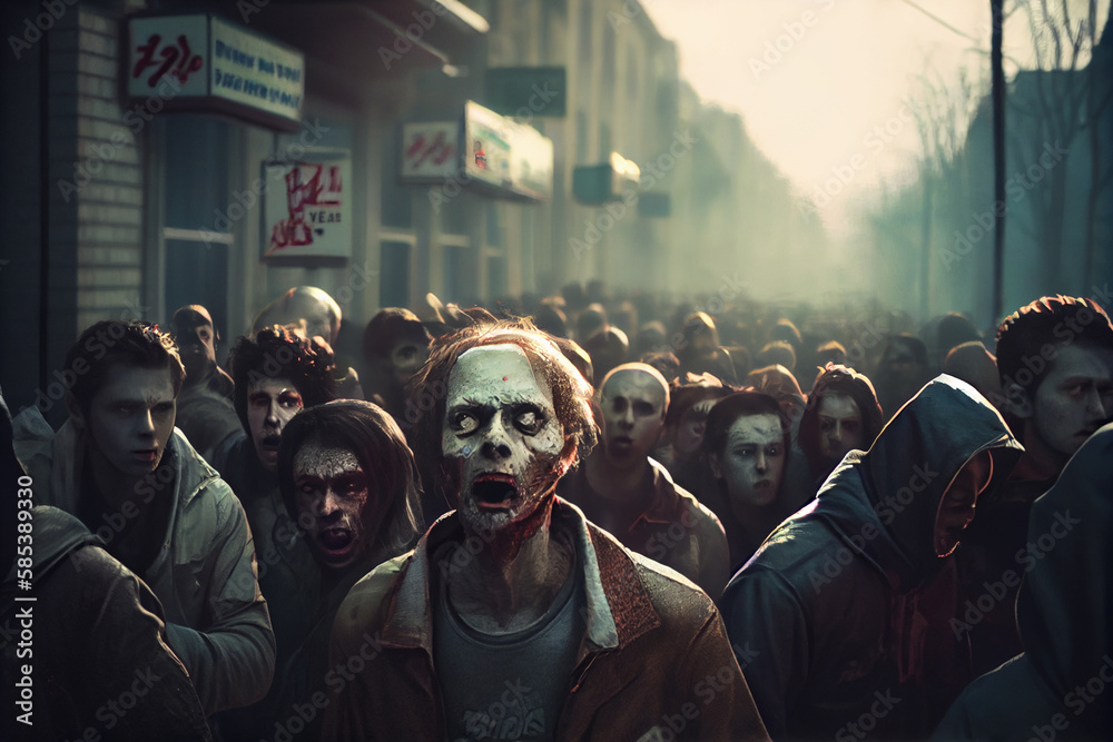 Crowd of zombies on the city street. AI generated