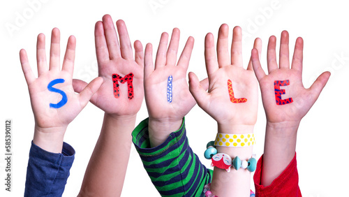 Children Hands Building Word Smile, Isolated Background