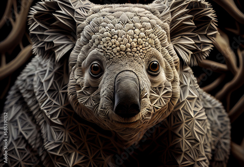 A complex, multi-layered pattern of interlocking shapes that resembles a Koala  face.  Generative AI technology.
 photo