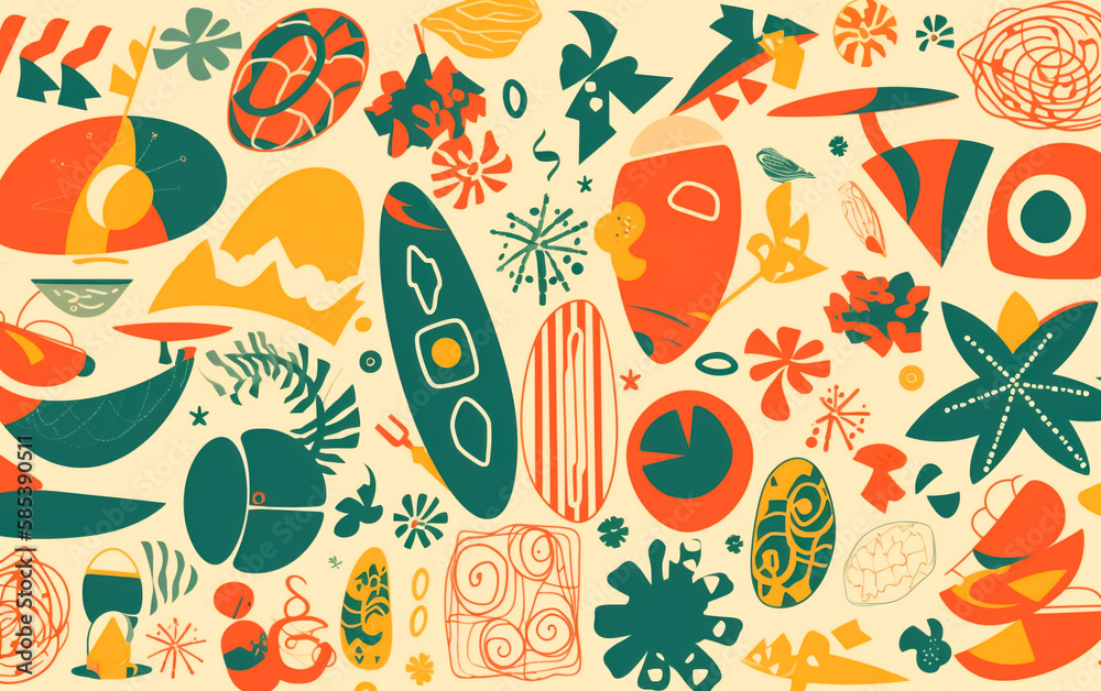 Summer patterns and wallpapers in warm light colors with shapes and objects the give off a good summer vibe. Illustrative Generative AI.