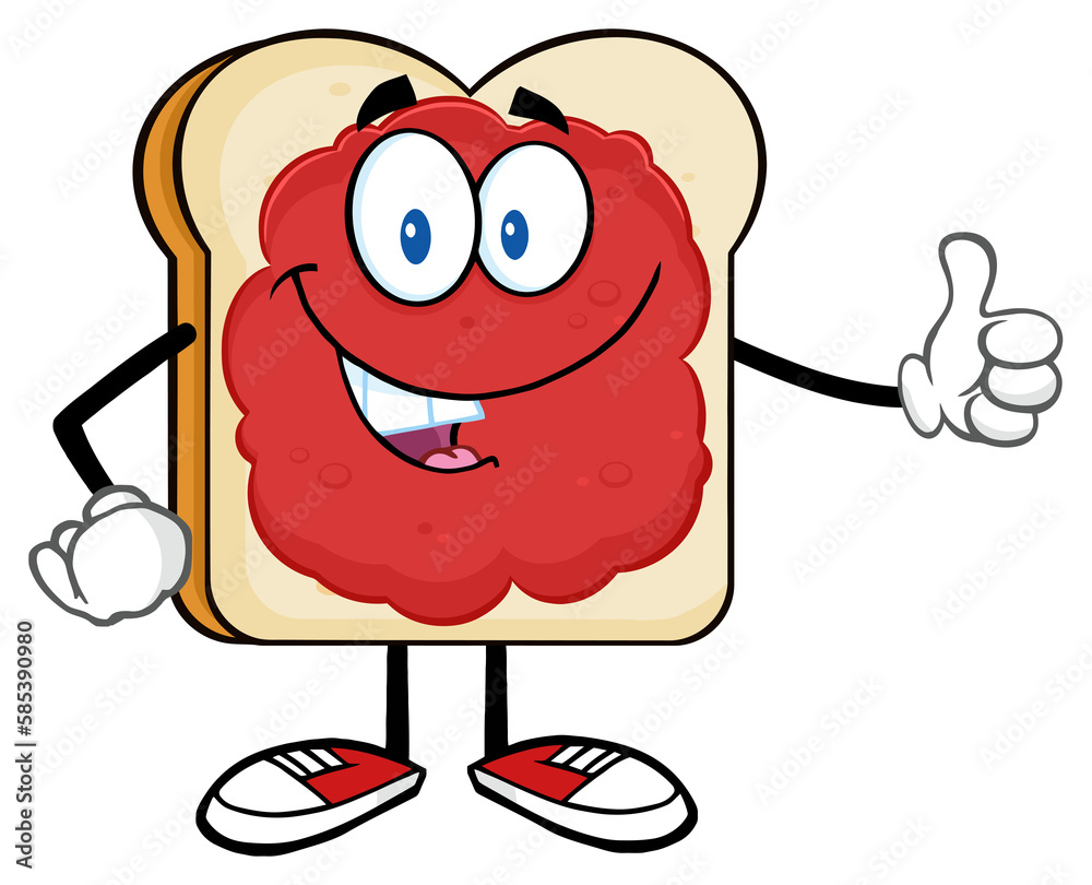 Smiling Bread Slice Cartoon Character With Jam Giving A Thumb Up. Hand Drawn Illustration Isolated On Transparent Background Smiling Bread Slice Cartoon Character With Jam Giving A Thumb Up. Hand Drawn Illustration Isolated On Transparent Background