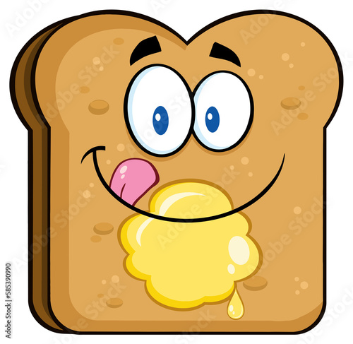 Happy Toast Bread Slice Cartoon Character Licking His Lips With Butter. Hand Drawn Illustration Isolated On Transparent Background