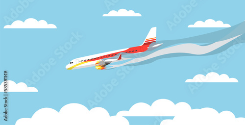 Airplane crash, plane with burning engine goes down. Air transport accident in sky, danger situation during flight, damaged aircraft. Cartoon flat isolated illustration. Vector concept
