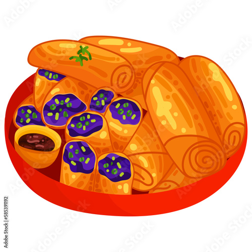 Chopsticks holding chinese spring rolls fried Lumpia isolated illustration vector.