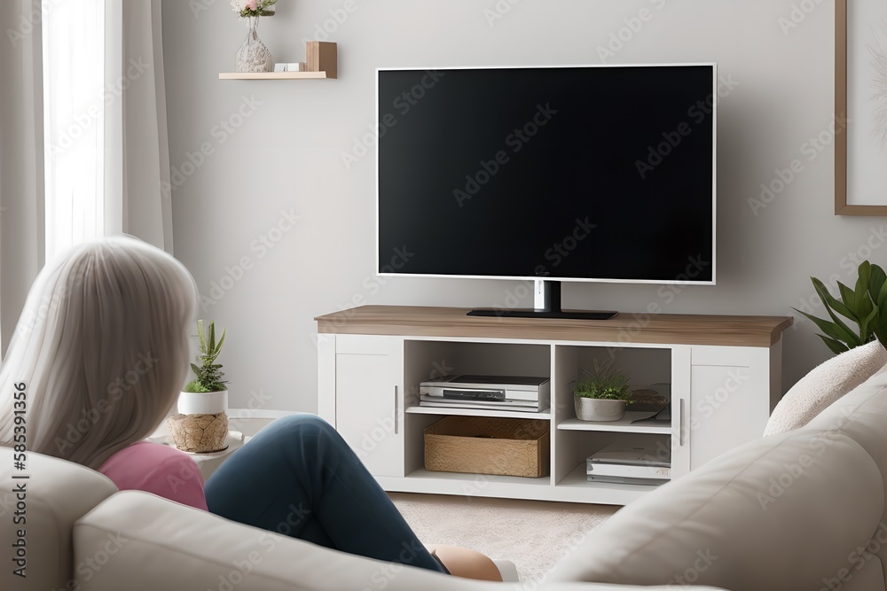 Portrait of a watching TV elderly woman in a modern living room interior. Concept of active age. Generative AI Portrait of a watching TV elderly woman in a modern living room interior. Concept of active age. Generative AI