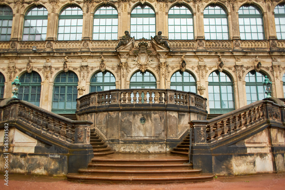 Saxon architecture in Dresden. Saxon Palace Zwinger. Tiered staircase in front of the entrance
