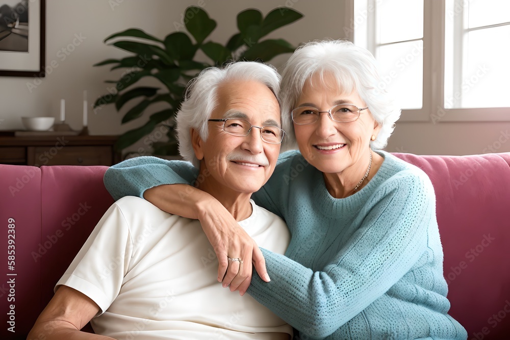 Portrait of a happy elderly couple in a modern living room interior. Concept of active age. Generative AI