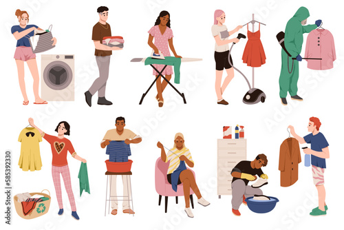 Care clothes people. Cartoon men and women take care of textile fashionable things, repair and washing, ironing and darning, cartoon flat illustration, tidy vector contemporary set