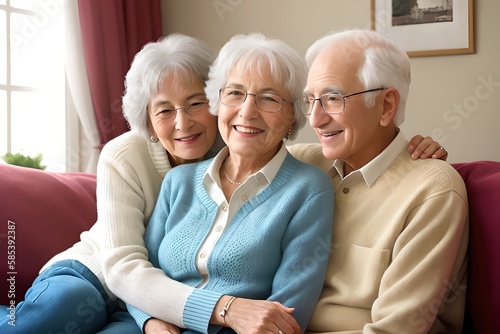 Portrait of a happy elderly couple in a modern living room interior. Concept of active age. Generative AI