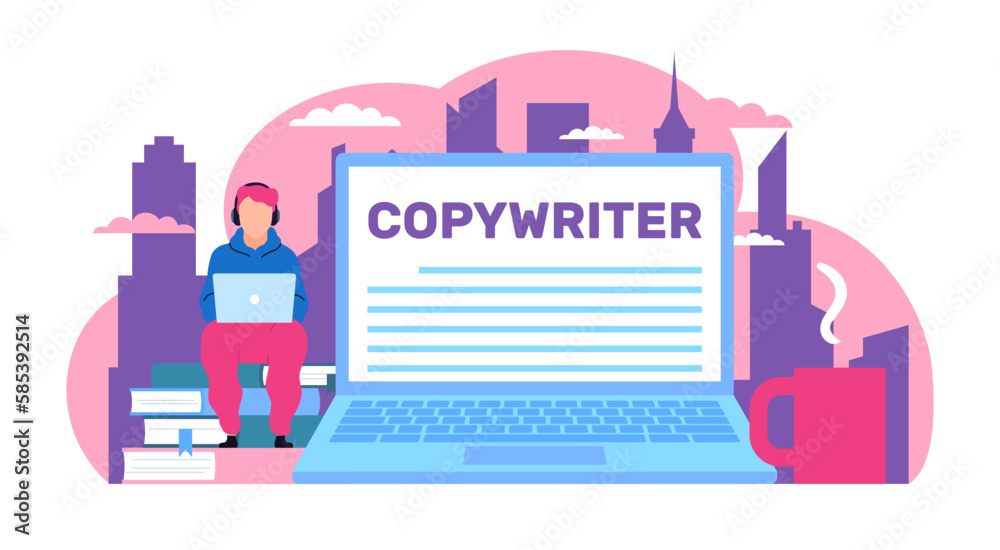 Copywriter working with laptop writing articles for blog. Huge computer and tiny man, modern freelance character. Creative profession. Cartoon flat style isolated illustration. Vector concept Copywriter working with laptop writing articles for blog. Huge computer and tiny man, modern freelance character. Creative profession. Cartoon flat style isolated illustration. Vector concept