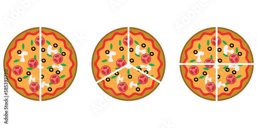 Fraction pizzas. Fraction for kids. Pizza slices. Fraction fun with pizza. vector illustration isolated on white background.
