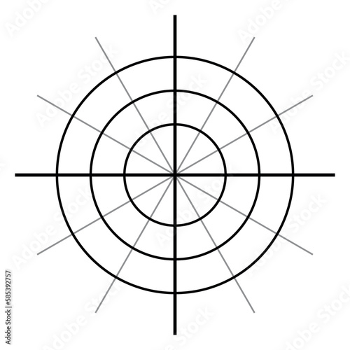 Polar coordinate system in mathematics. Polar grid with different angles. Three concentric circles.