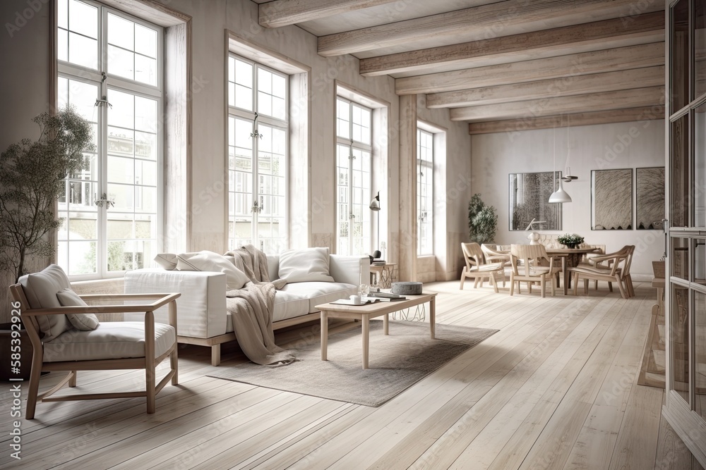 Bleached wood living room. Venetian shades, fabric sofa, cushions. Farmhouse decor,. Generative AI