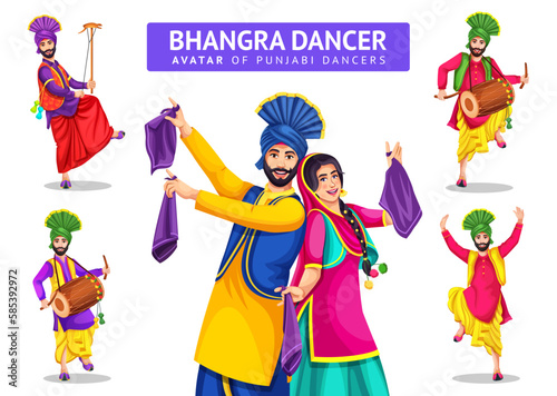 Vector illustration of a group of colorful Punjabi dancers with drummer. Happy Sikh couple, bearded man in turban dancing bhangra dance. Isolated cartoon characters on white background.