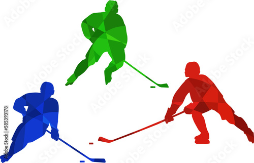 Colorful Hockey Player Silhouettes. Isolated vector colored images. Abstract blue, green and red vector image of sportsmen.