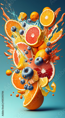 Fresh fruits fall into splashes of water, on a blue background
