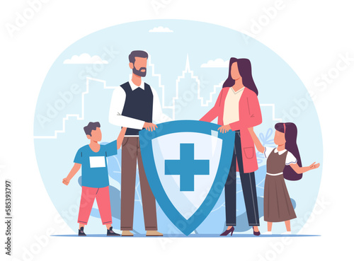 Health and life insurance, shield of protection for parents and children. Cartoon flat isolated family. Healthcare and medical service. Vector financially supported and risk cover concept