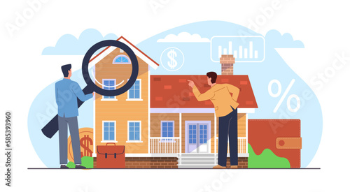 Home appraisal, real estate appraisers do home inspection. Property value, house assessment before purchase. Agent inspect building with magnifier. Cartoon flat illustration. Vector concept