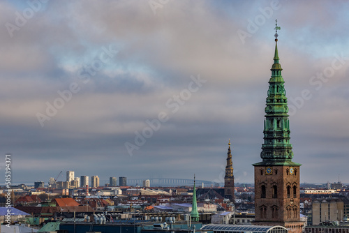 Elevated city perspective in cold windy day from the Round tower of Copenhagen, the capital of Denmark