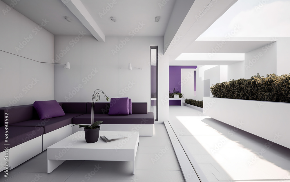 Fototapeta premium Futuristic living room with purple accents and clean, geometric lines offering a sleek and modern ambiance.