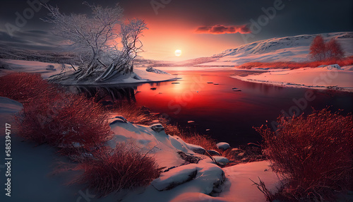 Beautiful extraterrestrial snowy glacial landscape red tree. AI generated.