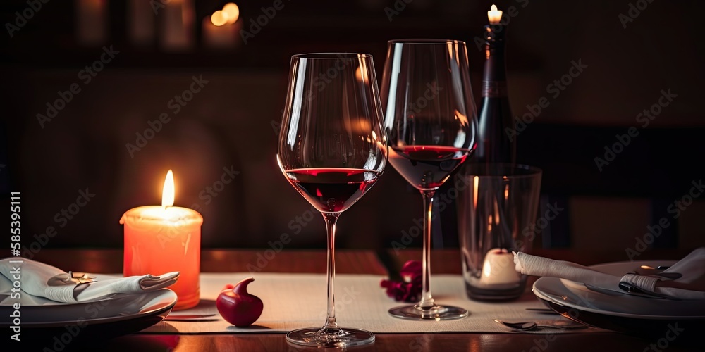 Romantic dinner table with red wine glasses and candles. Generative AI Romantic dinner table with red wine glasses and candles. Generative AI