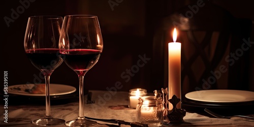 Romantic dinner table with red wine glasses and candles. Generative AI