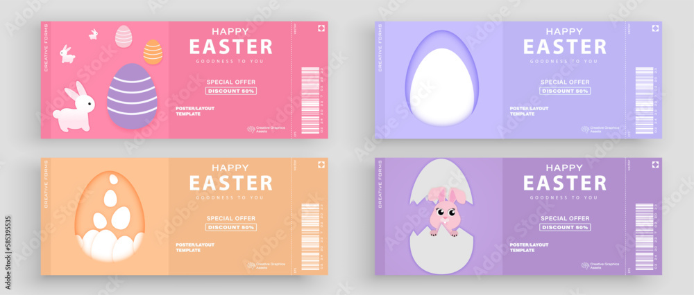 Naklejka premium Set of Easter ticket. Easter background with eggs and rabbit. Vector illustration for poster, greeting cards, booklets, promotional materials, website