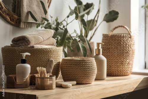 Woven jute baskets with toiletries on light wood Room stand. natural eco interiors, bohemian or rural. copyspace. Generative AI